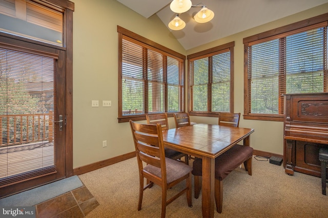 carpeted dining area with a healthy amount of sunlight and lofted ceiling