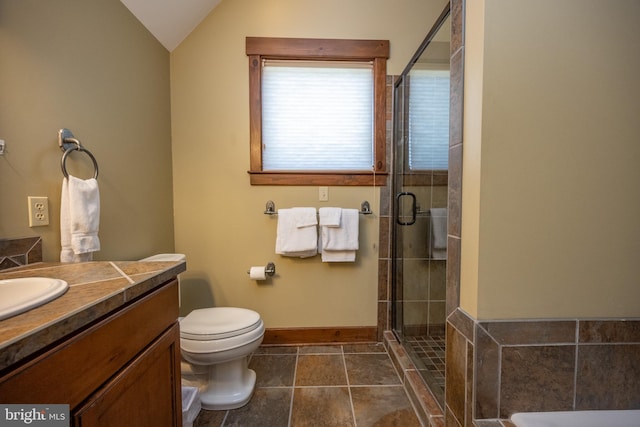 bathroom with vanity, toilet, walk in shower, and lofted ceiling