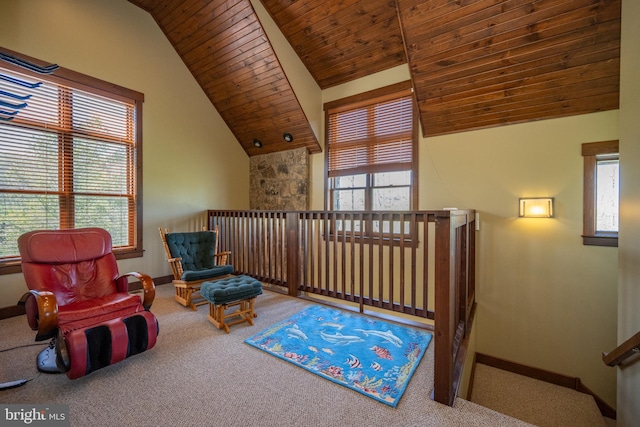 living area featuring carpet flooring, wooden ceiling, and vaulted ceiling