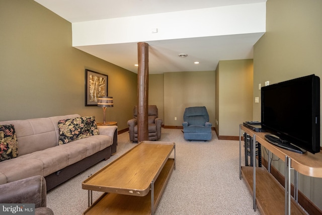 living room with light colored carpet