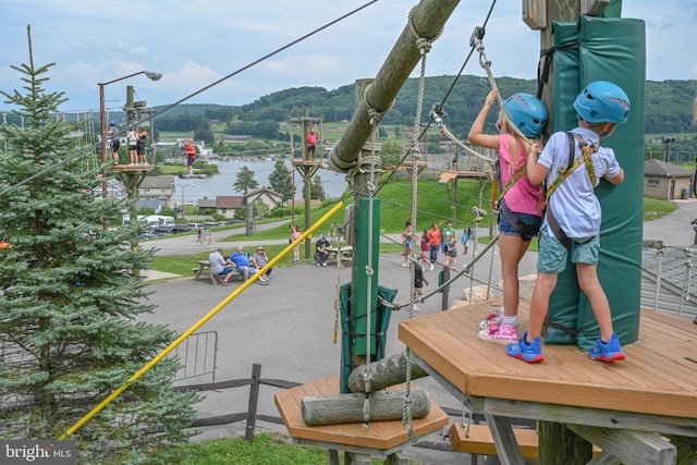 view of playground featuring a mountain view