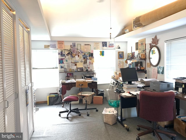 office area featuring lofted ceiling