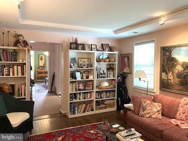 living area featuring a raised ceiling, dark hardwood / wood-style floors, and track lighting