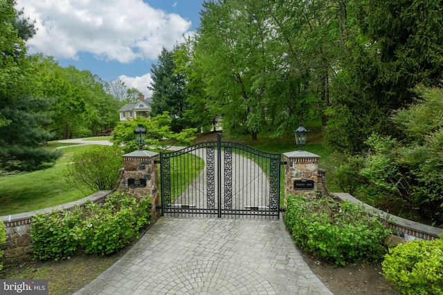 view of gate featuring a yard