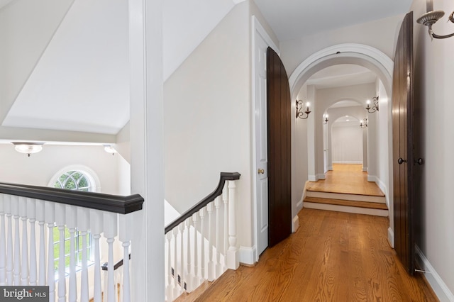 hallway featuring hardwood / wood-style flooring and vaulted ceiling