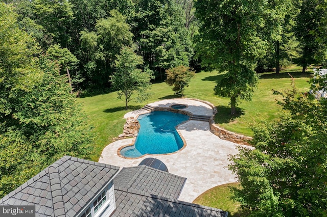 view of swimming pool featuring a patio area and a yard