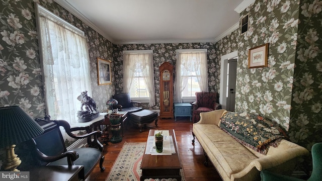 sitting room featuring ornamental molding and dark hardwood / wood-style floors