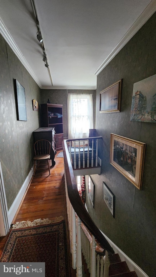 interior space featuring hardwood / wood-style flooring, ornamental molding, and track lighting