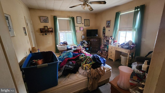 bedroom featuring multiple windows and ceiling fan