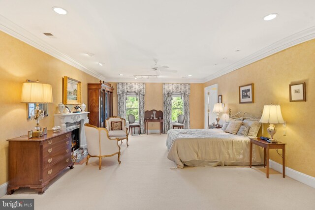 carpeted bedroom with ornamental molding