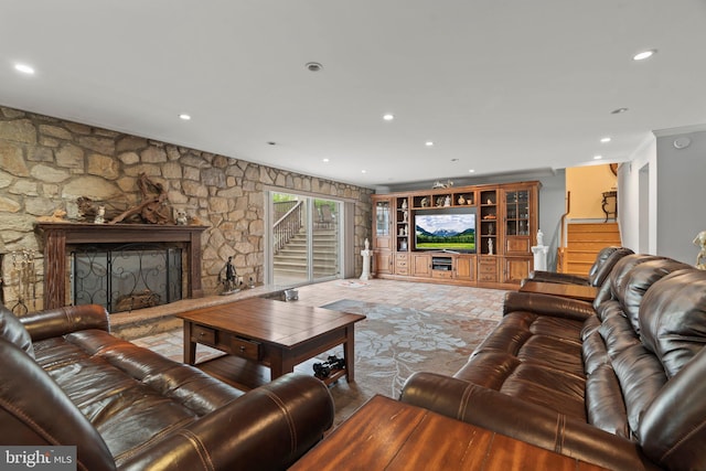 living room with a fireplace