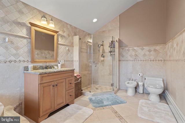 bathroom with lofted ceiling, tile walls, vanity, a shower with door, and a bidet