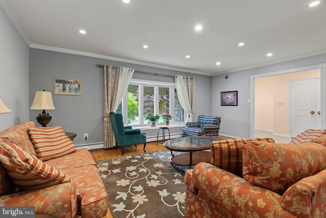 living room featuring ornamental molding, a baseboard heating unit, and light hardwood / wood-style floors