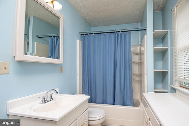 full bathroom with a textured ceiling, shower / tub combo, toilet, and vanity