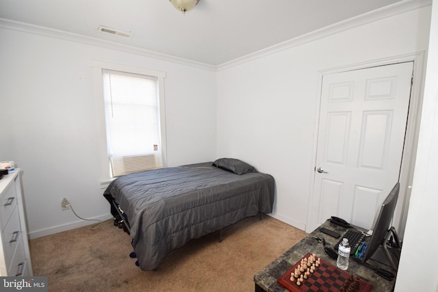 bedroom with light carpet and ornamental molding