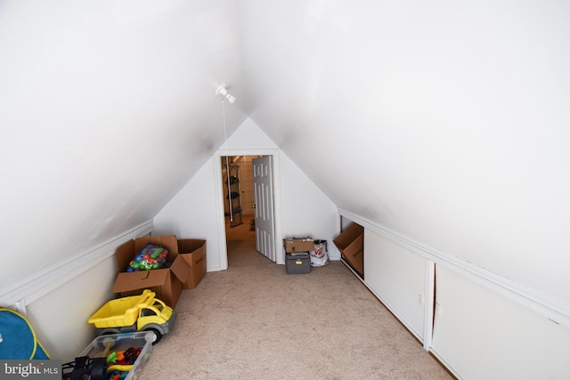 rec room with light colored carpet and lofted ceiling