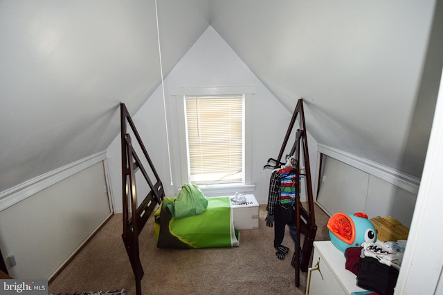 playroom with carpet flooring and vaulted ceiling