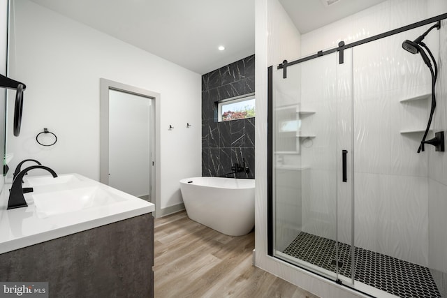 bathroom with a shower with door, large vanity, and hardwood / wood-style floors