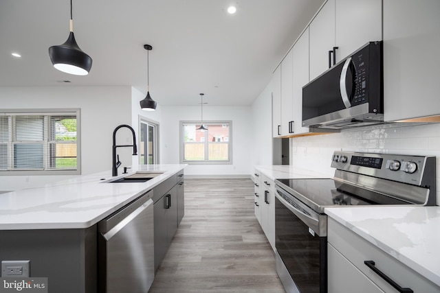 kitchen with an island with sink, plenty of natural light, light hardwood / wood-style flooring, and appliances with stainless steel finishes