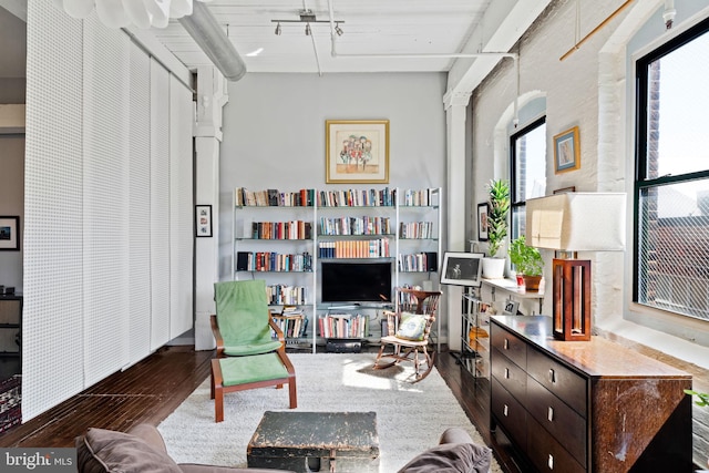 sitting room with dark wood-type flooring