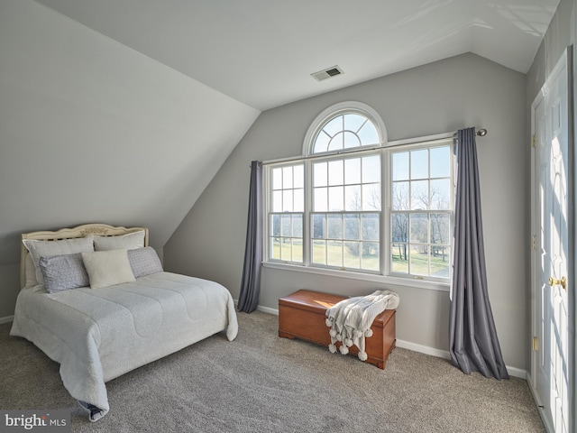 bedroom featuring carpet and lofted ceiling