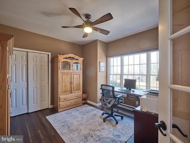 office space featuring dark wood-type flooring and ceiling fan