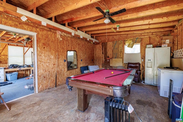 rec room with ceiling fan and pool table