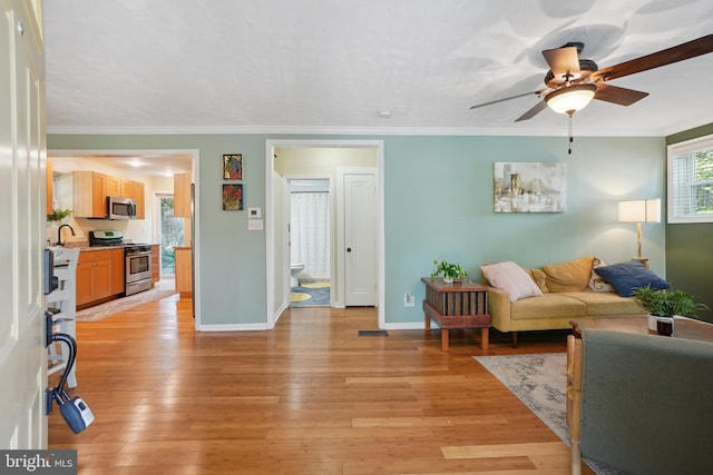 living room featuring light hardwood / wood-style floors, ceiling fan, and ornamental molding