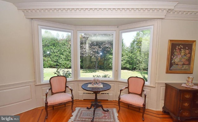 living area with plenty of natural light, a baseboard radiator, and wood-type flooring