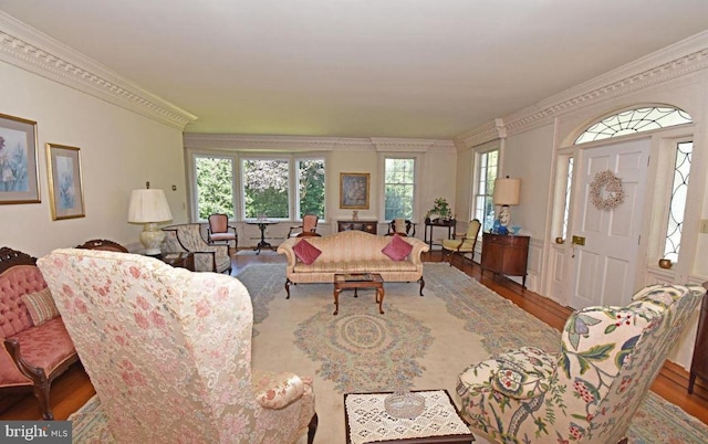 living room featuring ornamental molding and wood-type flooring