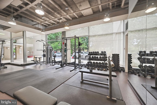 workout area with a towering ceiling and expansive windows