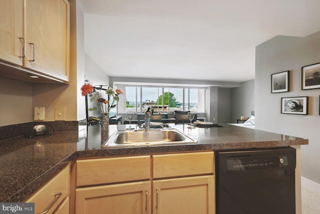 kitchen featuring light brown cabinetry, sink, kitchen peninsula, and black dishwasher