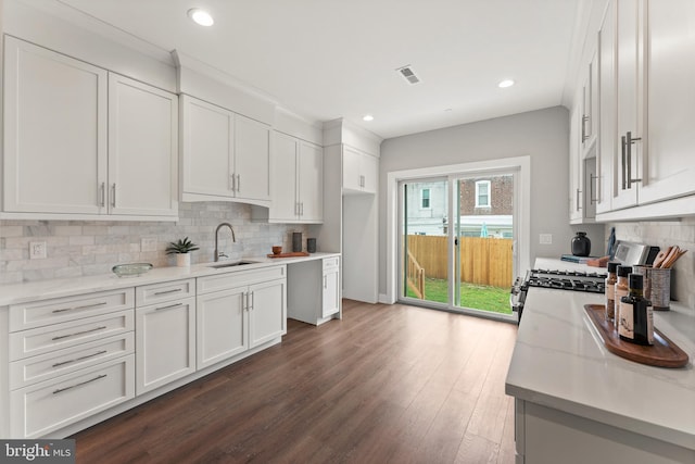 kitchen featuring dark wood-type flooring, light stone counters, backsplash, sink, and white cabinetry