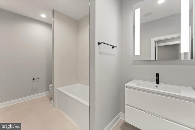 full bathroom featuring tile flooring, shower / bathing tub combination, toilet, and large vanity