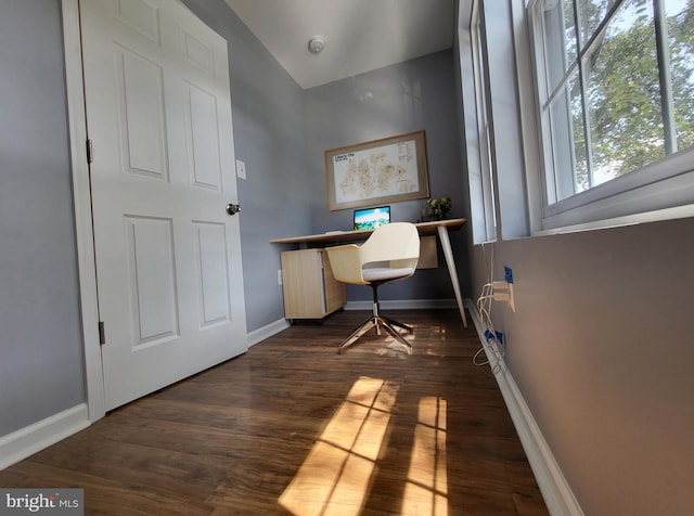 office with dark hardwood / wood-style flooring