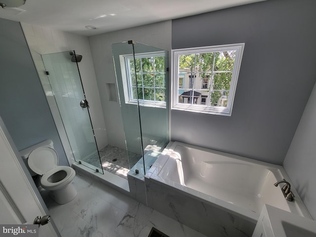 bathroom featuring tile flooring, plus walk in shower, and toilet