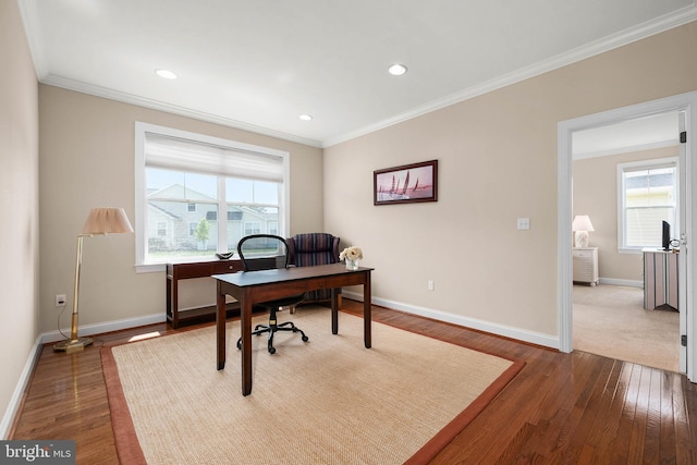 office space featuring hardwood / wood-style flooring and ornamental molding