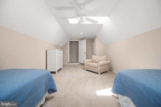 bedroom with lofted ceiling, light carpet, and ceiling fan