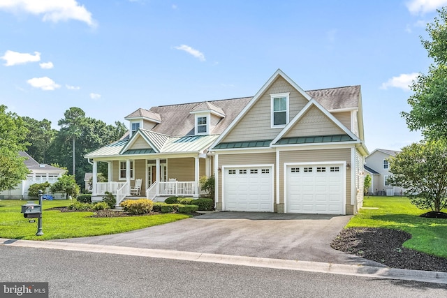 view of front facade featuring a garage, a front lawn, and a porch