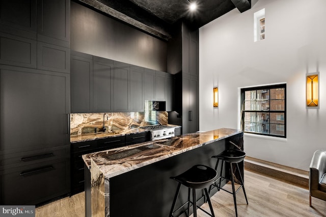 kitchen with light stone countertops, light hardwood / wood-style floors, backsplash, a high ceiling, and gray cabinetry