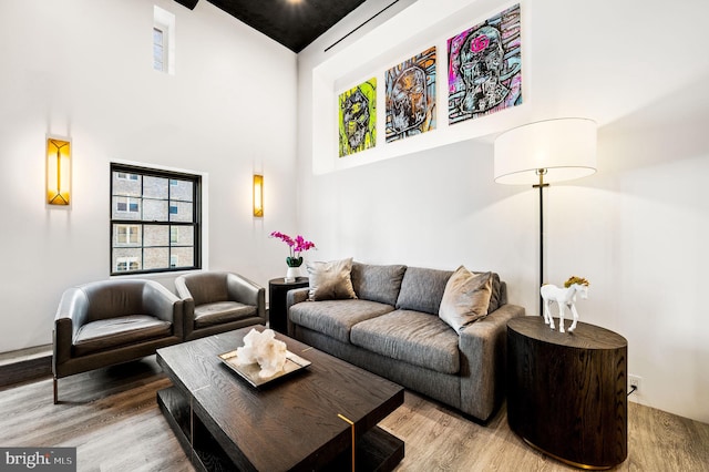 living room featuring a high ceiling and hardwood / wood-style flooring