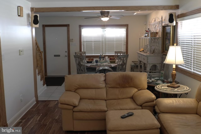 living room featuring a healthy amount of sunlight, hardwood / wood-style floors, and ceiling fan