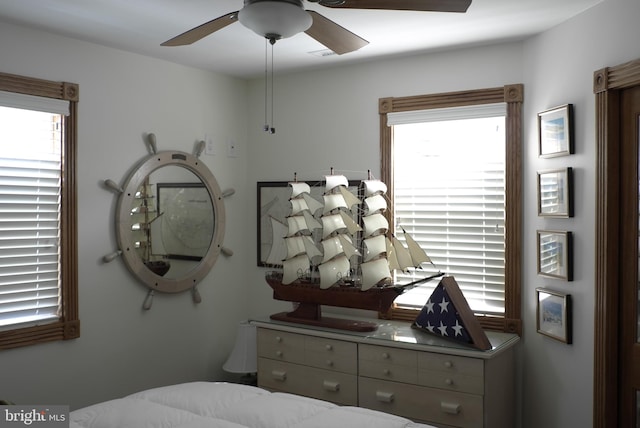 bedroom featuring ceiling fan and multiple windows