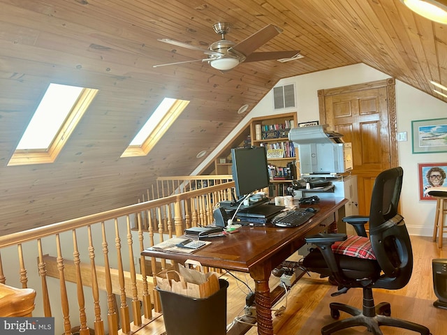 office with ceiling fan, lofted ceiling with skylight, light wood-type flooring, and wood ceiling