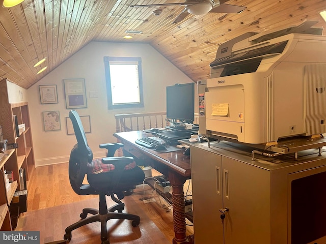 office space with ceiling fan, lofted ceiling, and wooden ceiling