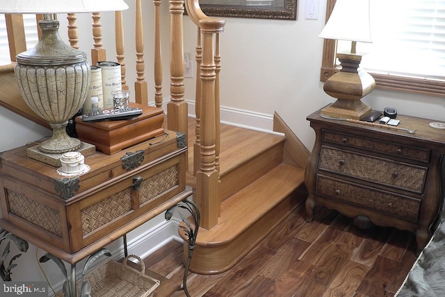 stairway featuring wood-type flooring