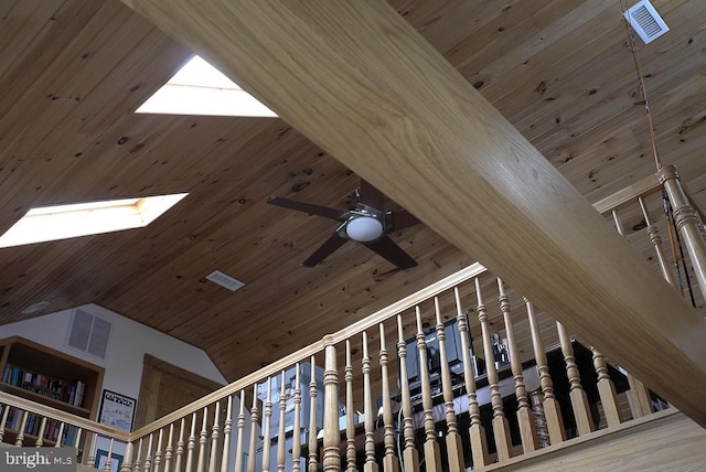 interior space featuring high vaulted ceiling, ceiling fan, and a skylight