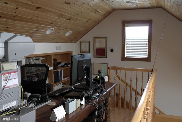 office with vaulted ceiling, wood-type flooring, and wood ceiling