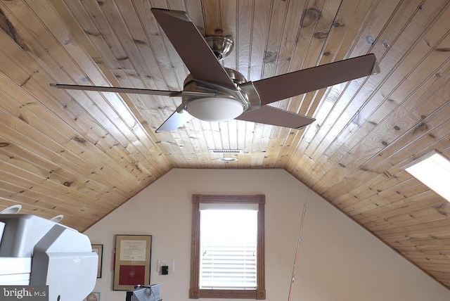 details featuring ceiling fan and wood ceiling