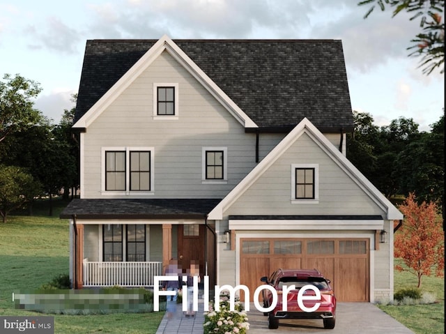 view of front of house with a front yard, covered porch, and a garage